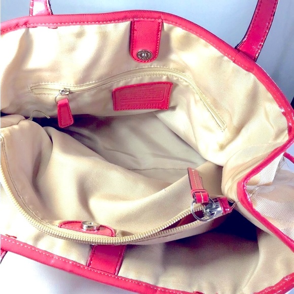 Coach vintage signature striped carry all bag ,canvas scarf pattern leather pink - Picture 10 of 11